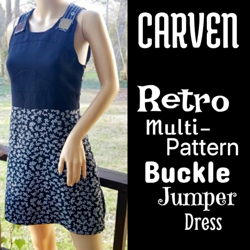 ▪️CARVEN▪️Retro Navy & White Multi-Pattern Buckle Jumper Midi Dress